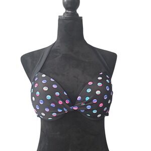 Tahiti Womens Large Black Holographic Polka Dot Halter Underwire Bikini Top L